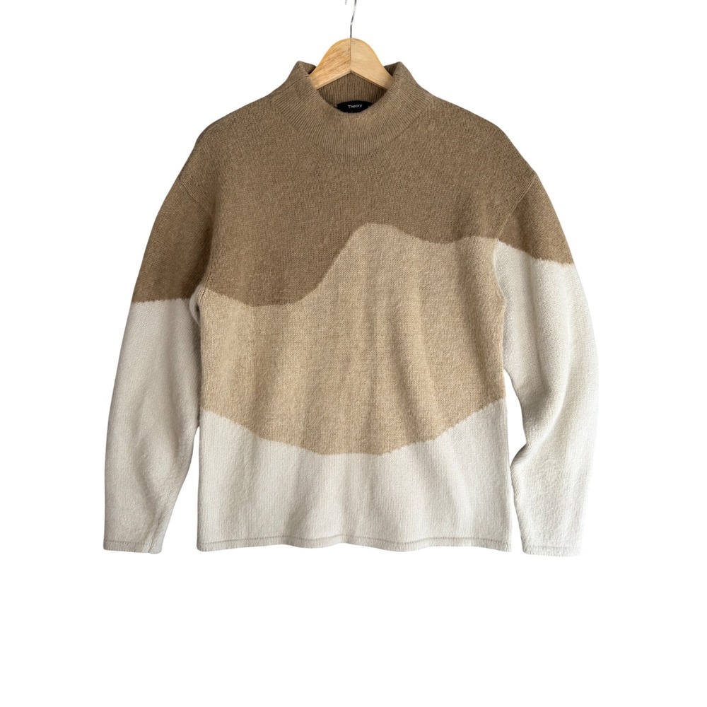 Theory Brushed Intarsia Wool Sweater Womens S Brown Tan Wavy Minimalist Earthy